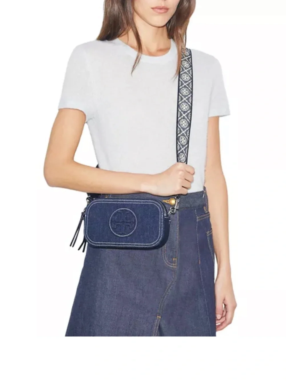 Tory Burch Miller Denim Camera Crossbody with Jacquard Logo Strap